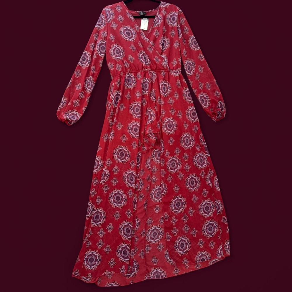 Rue21 Red Paisley Romper Maxi Dress Sheer Overlay Women's Large NWT